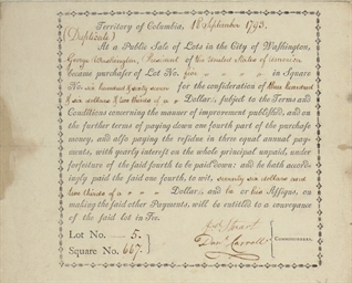 [WASHINGTON. D.C.]. WASHINGTON, George. Partly printed document, SIGNED BY THE COMMISSIONERS OF THE FEDERAL CITY Daniel Carroll (1730-1796), and David Stuart (1750-1814), Territory of Colombia [Washington D.C.]. 18 September 1793. 1 page, 4to, elegantly printed within border of printer's flowers, text in italic type, accomplished in manuscript by a clerk, integral blank, verso docketed. In fine condition.