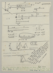 EINSTEIN, Albert. Autograph manuscript, unsigned, comprising diagrams and calculations ILLUSTRATING THE SPECIAL THEORY OF RELATIVITY for Einstein's non-scientific friend, David Rothman, n.d. [September 1939]. 1 page, 4to, in pencil, with two later dockets by Rothman authenticating the document.