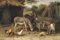 A farmyard with donkeys, a goat and chickens