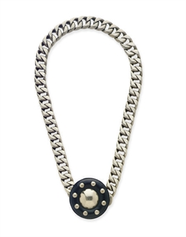 AN YVES SAINT LAURENT METAL CHAIN LINK AND BLACK LEATHER MEDALLION NECKLACE, 
