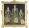 Triple portrait of three girls, three-quarter-length, in green silk dresses with lace embroidery, holding yellow and white feathered fans