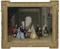 Group Portrait of John Offley Crewe and his family, taking tea around a tripod table in an interior, with a servant with a silver hot water- kettle and heater climbing the stairs to the room, a Venetian window overlooking a garden with a pond beyond
