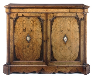 AN EARLY VICTORIAN FIGURED WALNUT AND INLAID SIDE CABINET