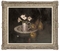 Flowers in a silver pitcher, with apples and pears to the side