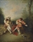 La Surprise: A couple embracing while a figure dressed as Mezzetin tunes a guitar