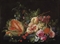 A cut melon, cherries, gooseberries, peaches, grapes, figs, plums, flowers, snails and insects on a stone ledge