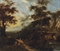 An extensive Italianate landscape with travellers on a wooded track