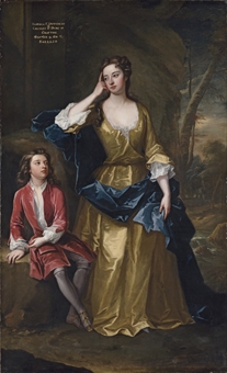 Portrait of Isabella, Duchess of Grafton (c. 1688-1723) and her son Charles Fitzroy, later 2nd Duke of Grafton (1683-1757), full-length, a landscape beyond 