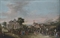 A capriccio with the garden of a seafront palace, a mountainous coastal landscape beyond 