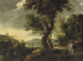 A wooded river landscape with Diana and her nymphs hunting  
