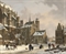 Daily activities near a sunlit church in winter