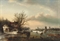 A winter's day with skaters on the ice and windmills in the distance