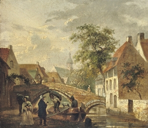 Townview with figures on a bridge  