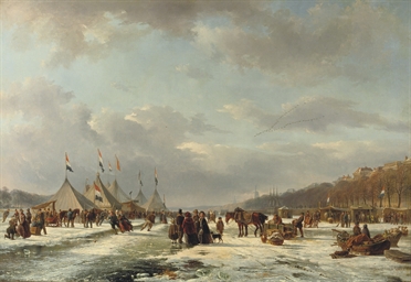 Festivities on the ice: the Nieuwe Maas with the Boompjes, Bolwerk and harbour entrance of the Oudehaven, Rotterdam 