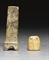 A GREEN STAINED BONE PERFUME BOTTLE AND AN IVORY BISHOP  