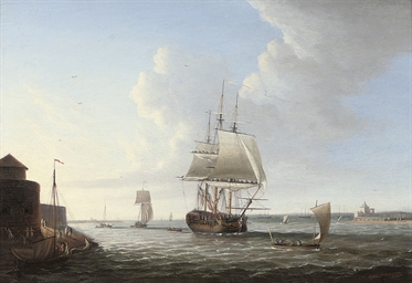 An English man-o'war shortening sail entering Portsmouth harbour, with Fort Blockhouse off her port quarter 