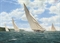Astra (K2) leading the pack, including Britannia (K1) and Shamrock V (K3), off Cowes, with Sir Thomas Lipton's steam yacht Erin anchored in the bay beyond