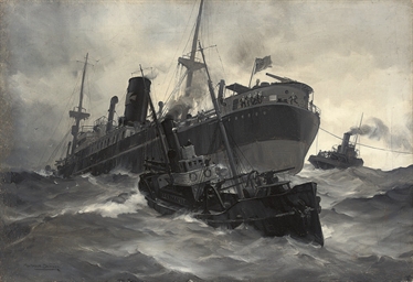 The stricken merchantman Ovingdean Grange under tow  