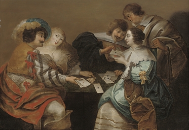 Elegant company playing cards in an interior  