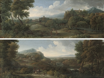 An extensive Italianate landscape with travellers on a track, a town beyond; and An extensive Italianate river landscape with drovers and their cattle on a track, a town beyond 