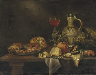 A silver plate with seafood, a roll of bread, a 'Façon-de-Venise of red wine', a 'keulse pot', an artichoke, dead birds, an orange, a partially pealed lemon and a knife 