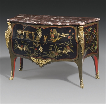 A LOUIS XV ORMOLU-MOUNTED BLACK AND POLYCHROME-LACQUERED COMMODE  