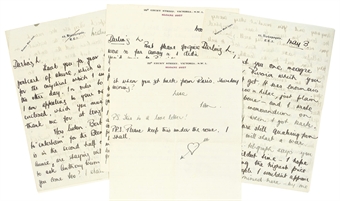 FLEMING, Ian Lancaster (1908-1964). Four autograph letters signed ('Ian', one 'S.W.A.K.'), to Loelia Ponsonby ('Darling L' and 'Dear Loelia'), on headed paper, 22b Ebury Street, Victoria, and 43 Bishopsgate, 3 May [n.y.] and n.d., together 11 pages, 4to (one letter annotated in pencil with the word 'Fleming' following the signature). 
