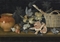 Natura morta con frutta, carne, brocca in ceramica e cesto  