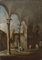 A capriccio of an arcade in a courtyard, with a man talking to a boy and other figures 