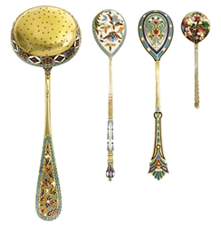 A RUSSIAN SILVER-GILT AND CLOISSONÉ ENAMEL SIFTER SPOON