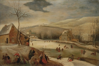 A winter landscape with the Holy Family warming themselves by a fire, skaters and sledgers on a frozen river beyond 