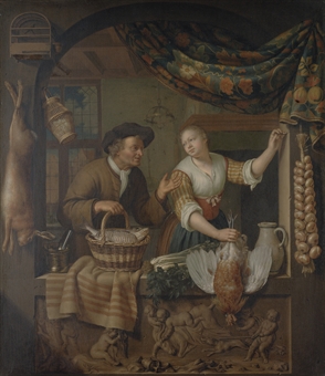 A fish seller and a poultry seller in an arched window, above a carved relief 