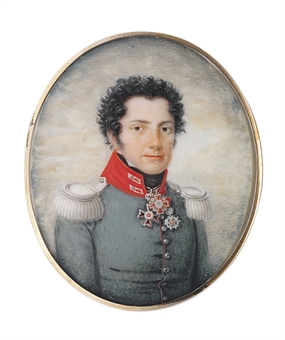 red hair 19th century
on green coat with red collar, silver epaulettes, short curling dark hair ...