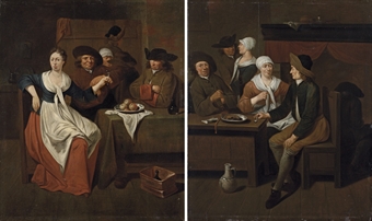 Gentlemen eating in a tavern, an amorous couple beyond; and A tavern interior with mixed company drinking at a table 