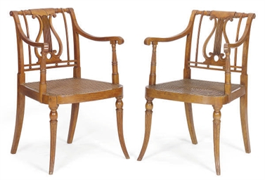 A PAIR OF FRENCH BEECHWOOD AND CANED FAUTEUILS