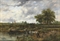 An extensive landscape with a barge approaching a lock, with cattle and a windmill beyond