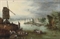 A river landscape with a ferry crossing near a windmill, a village beyond 
