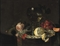 A 'Roemer' with white wine, a partially peeled lemon, cherries and other fruit on a silver plate with a rose and grapes on a stone ledge 
