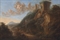 An Italianate landscape with travelers on a path by a ruin  