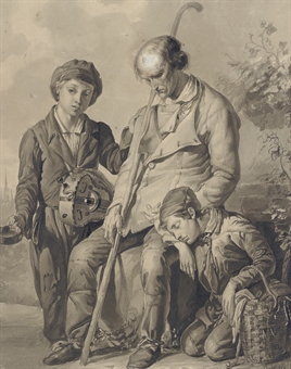 A blind beggar with two young boys, one with a hurdy-gurdy  