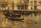 Gondoliers and elegant figures in front of the Hotel Milan, Venice  