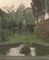 Garden pond with fountain at dusk  