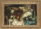 A bowl of fruit, mandolin, sheets of music and a pipe on a draped table