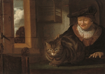 A man stroking a cat in an interior, an empty birdcage hanging by an open window beyond 