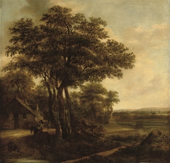 A wooded landscape with a man on horseback conversing with a peasant on a track 