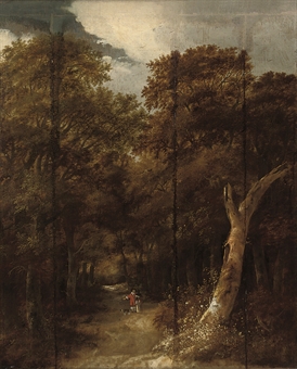 A wooded landscape with figures and a dog on a track  
