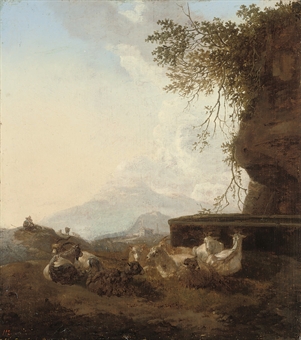A shepherd and his flock at rest by a water trough  