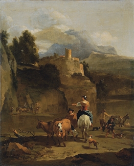 An Italianate river landscape with drovers and their cattle in the foreground 