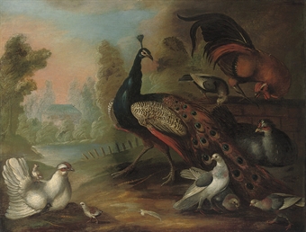 A peacock, hens, fowl and other birds in a wooded river landscape  