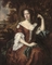 Portrait of a lady, three-quarter-length, in a brown dress with a blue wrap, seated in an extensive wooded landscape 